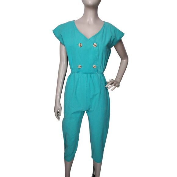 Vintage 80s All That Jazz Green Cap Sleeve Double Breasted Pedal Pusher Jumpsuit